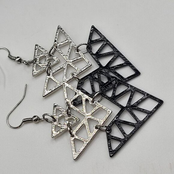 Geometric Triangular Dangle Drop Earrings 3in silvertone black - Picture 2 of 2